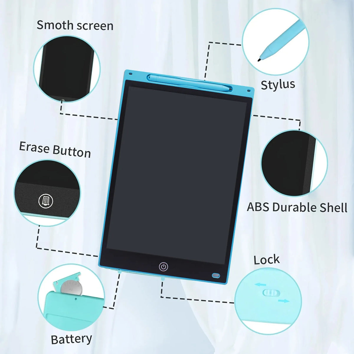 A 12-inch LCD writing tablet shown with various features like a smooth screen, stylus, erase button, durable shell, lock, and