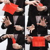 Six panels showing hands manipulating a red silk piece, demonstrating the classic magic thumb tip technique.