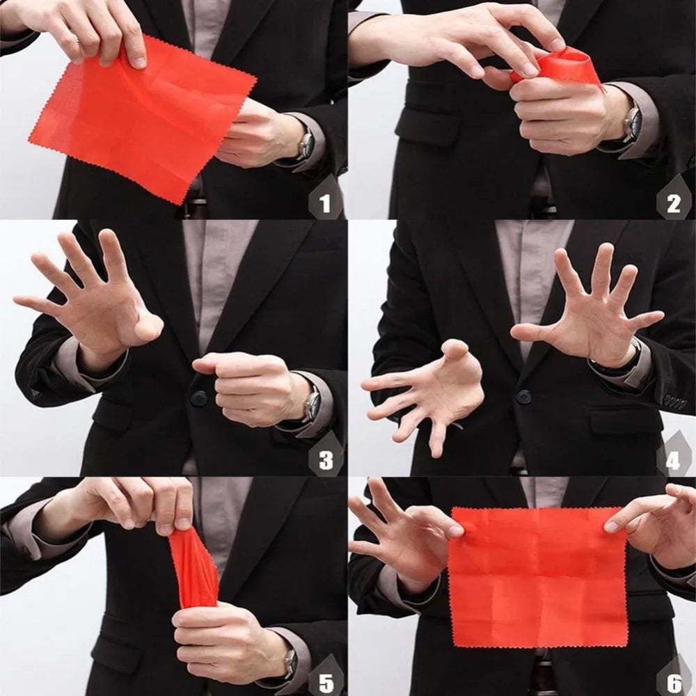 Six panels showing hands manipulating a red silk piece, demonstrating the classic magic thumb tip technique.