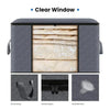 A gray foldable storage box with a clear window showing neatly folded fabric, demonstrating sturdy sewing, stainless zippers,