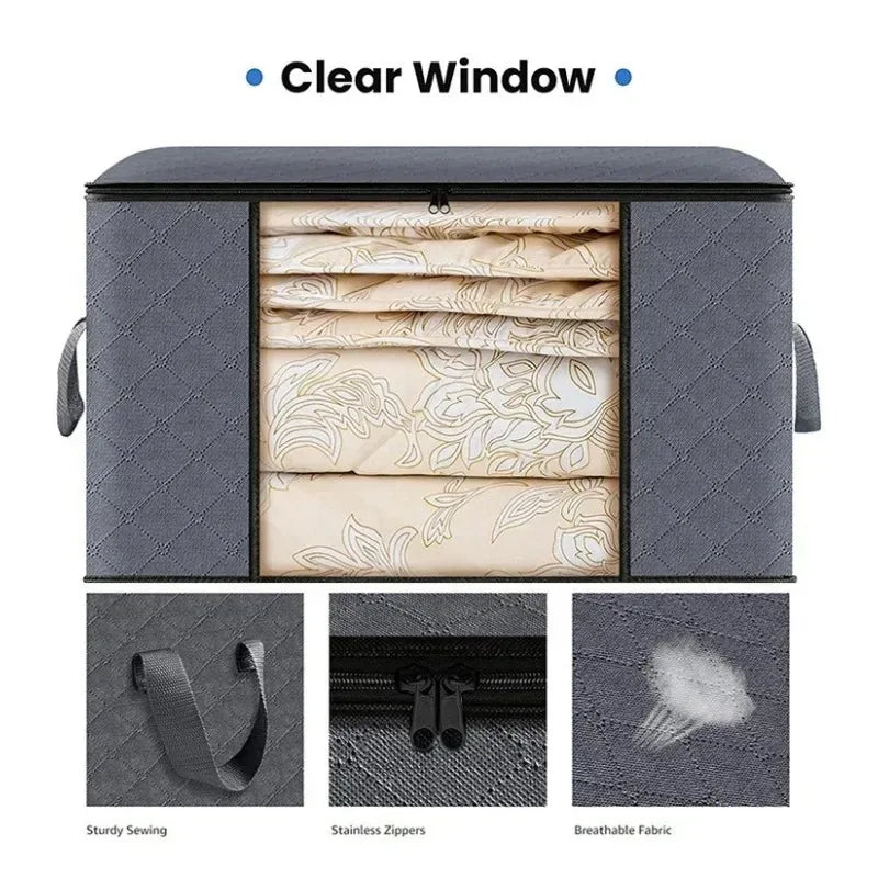 A gray foldable storage box with a clear window showing neatly folded fabric, demonstrating sturdy sewing, stainless zippers,