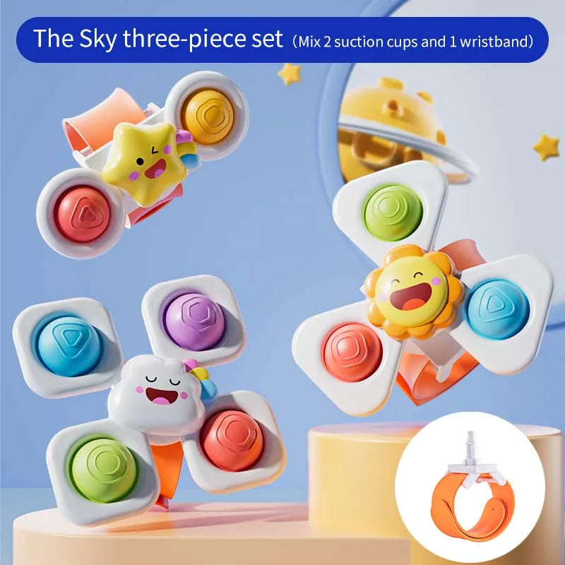 A sky three-piece set of fidget toys including two suction cups and one wristband shown in various colors