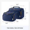 Navy blue waterproof travel toiletry bag with a handle shown in various sizes.
