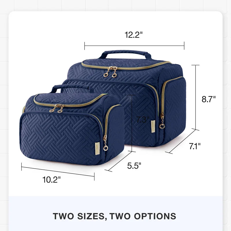 Navy blue waterproof travel toiletry bag with a handle shown in various sizes.