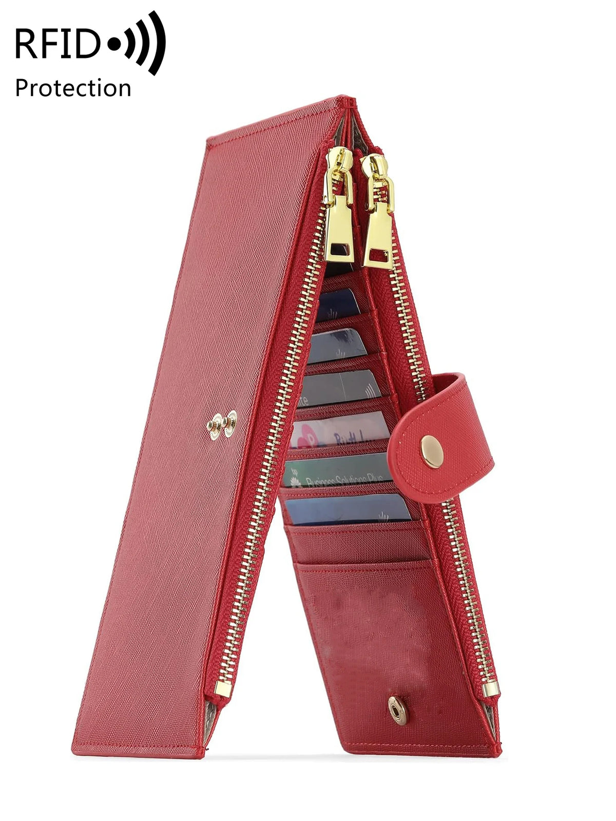 A red leather RFID blocking extra-large bifold wallet with double zipper security.