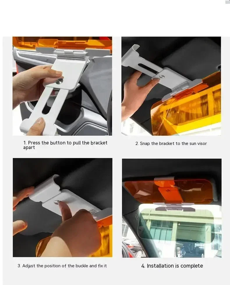 Demonstration of installing a dual-purpose anti-glare car sun visor extender with night shield into a vehicle.