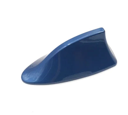 A blue universal car shark fin antenna cover designed for FM/AM signal enhancement.
