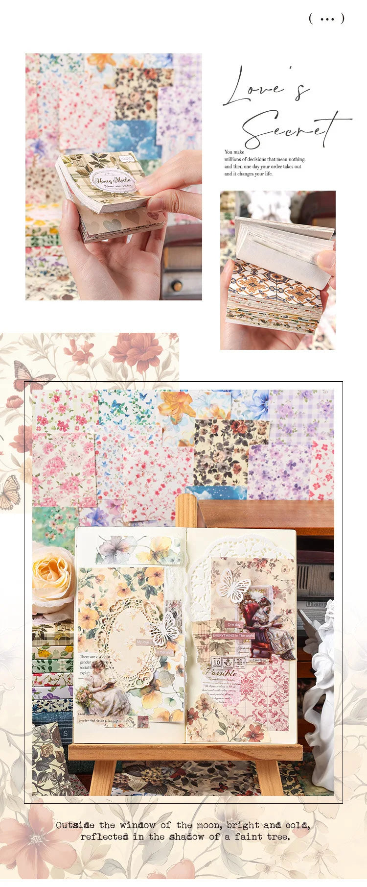 A vintage floral scrapbook paper pack featuring assorted sheets for journaling and crafts.