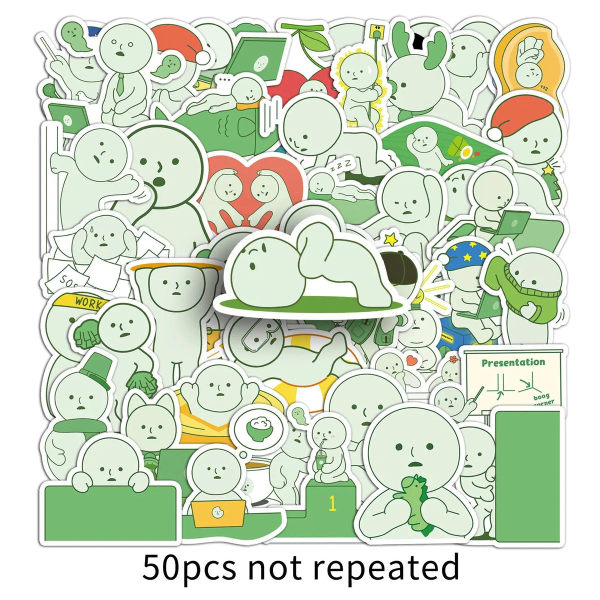 A collection of 50 unique, cute Smiski cartoon stickers in various poses and expressions.