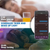 A mobile screen displays a scheduled timer and wake-up light feature, set for 7:00 to wake up and 22:00 for sleep setting.