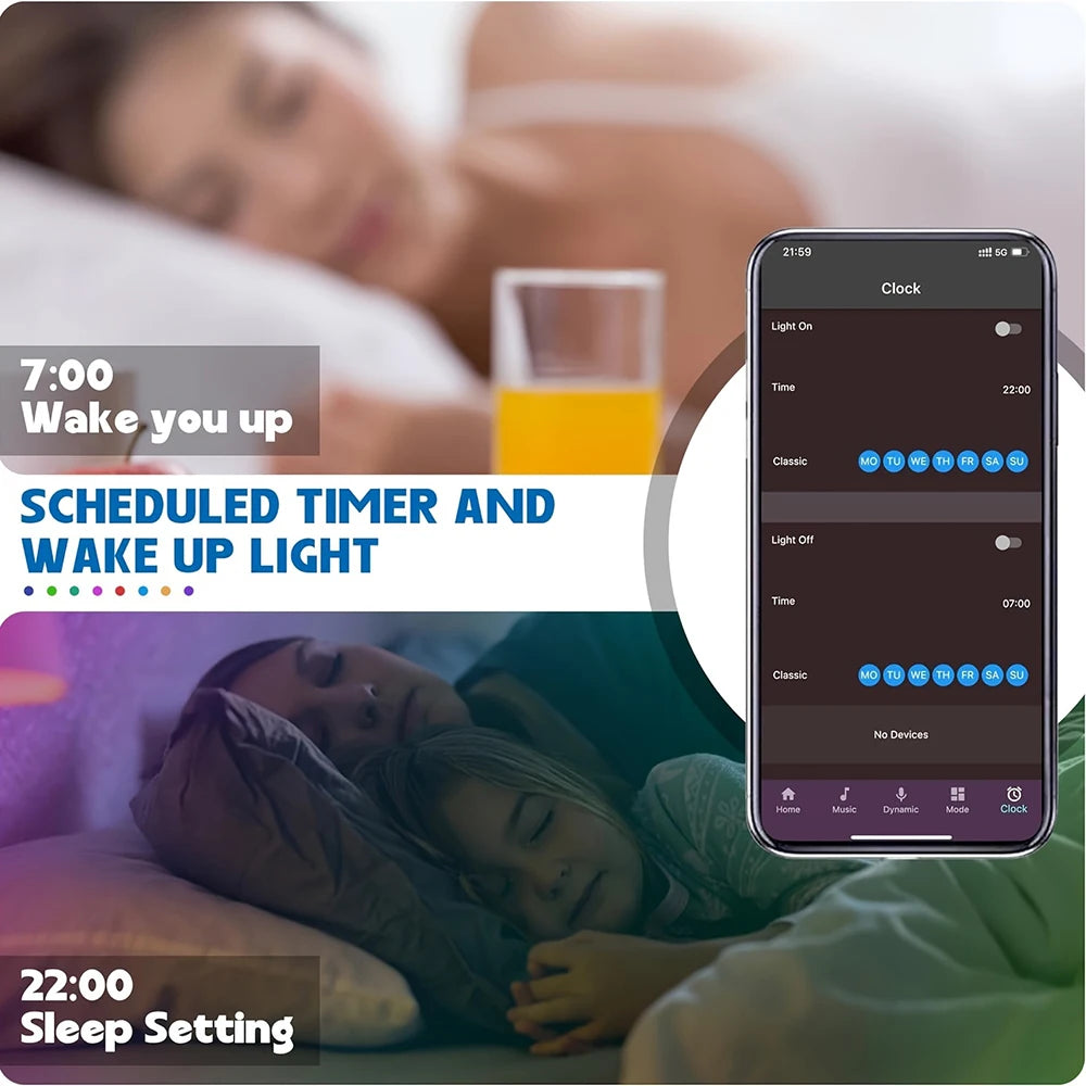 A mobile screen displays a scheduled timer and wake-up light feature, set for 7:00 to wake up and 22:00 for sleep setting.