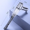 A silver cordless handheld vacuum cleaner with a long tube and nozzle is shown against a light blue background.