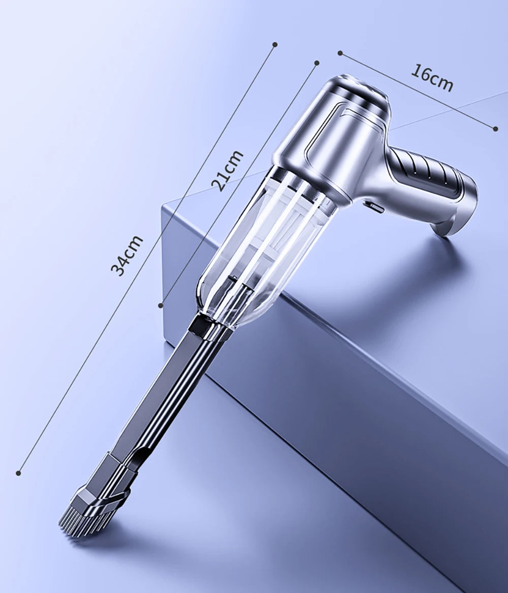A silver cordless handheld vacuum cleaner with a long tube and nozzle is shown against a light blue background.