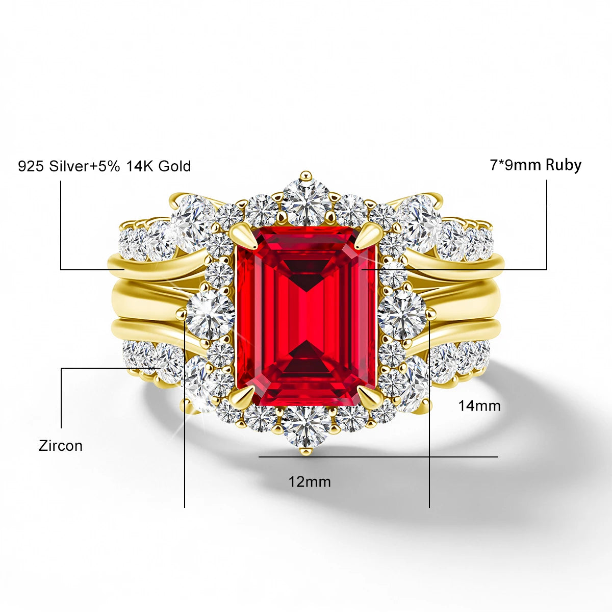 A stackable ring set featuring a 3ct emerald cut moissanite ring and a ruby ring, both set in 14K gold filled.