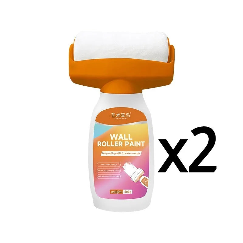 An orange wall roller paint tool with a white foam roller head is shown.