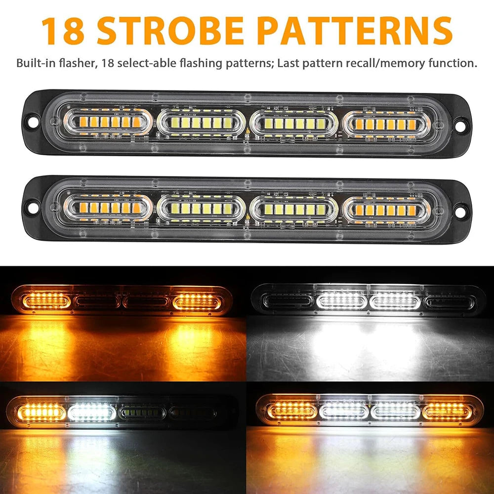 A set of 18 strobe patterns built-in flasher warning light bars shown in various lighting contexts.