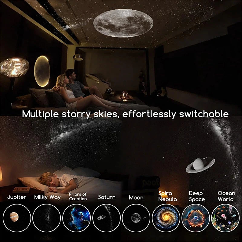 A display showing various starry skies like Jupiter, Milky Way, Saturn, Moon, Spira Nebula, Deep Space, and Ocean World.