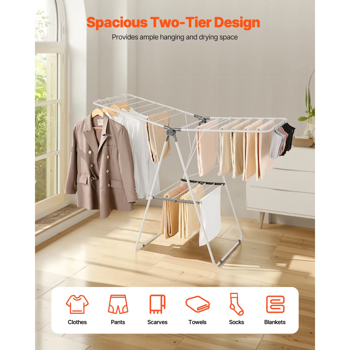 Adjustable Rollable Clothes Drying Rack with Sock Clips