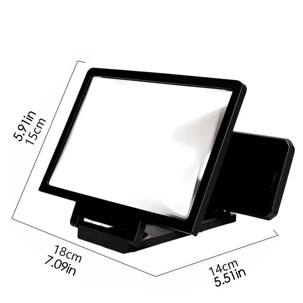 A portable phone screen magnifier shown with its stand and a smartphone, illustrating its size.