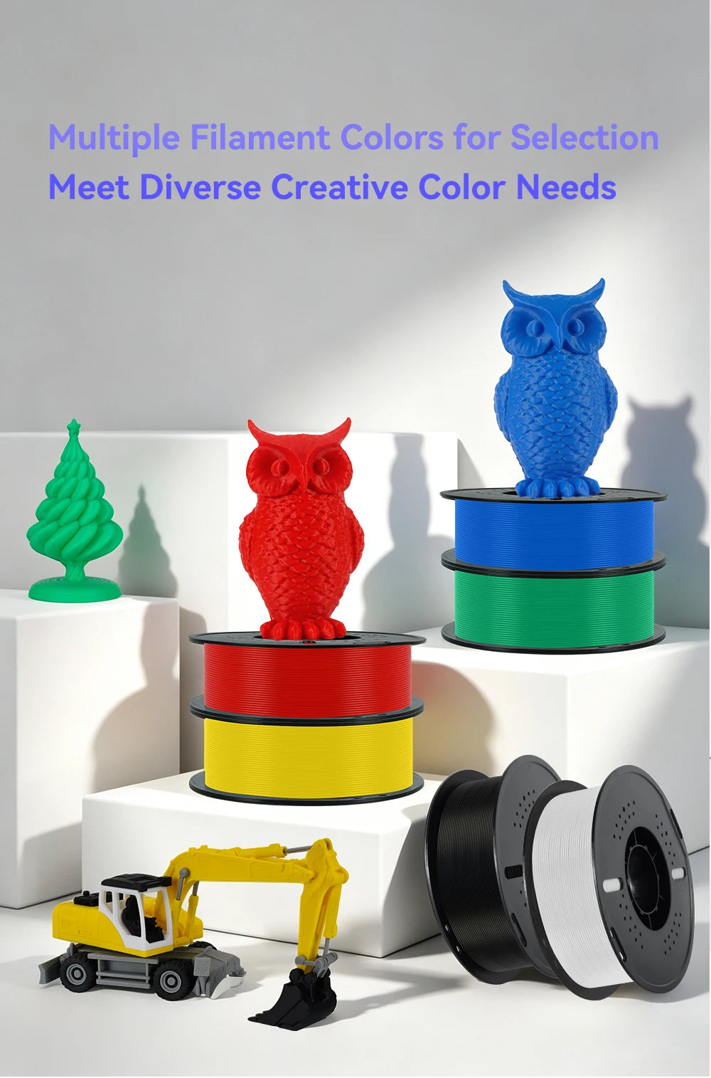 A bundle of ten colorful filament spools for 3D printing, including orange, red, blue, green, and yellow.