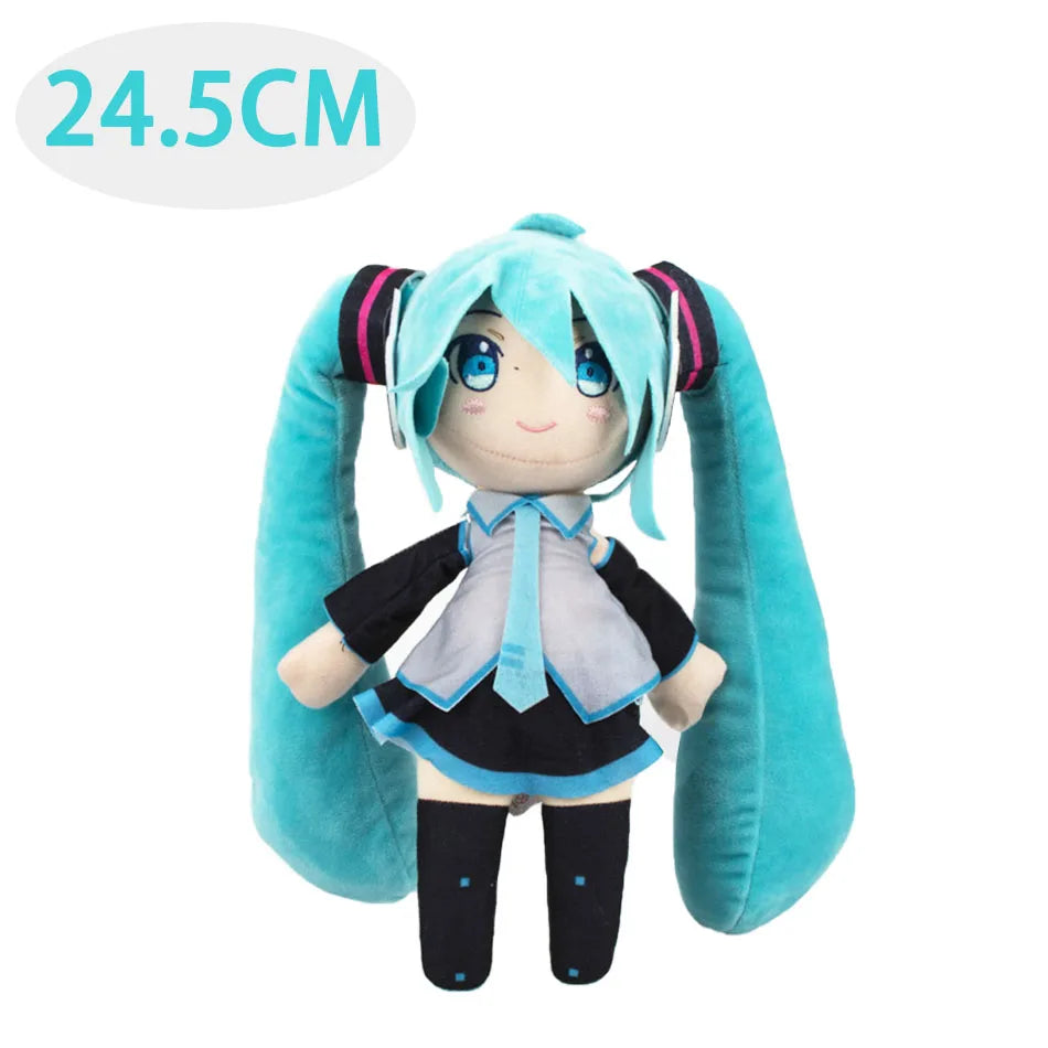 A soft blue Hatsune Miku plush doll with long hair and a black outfit.