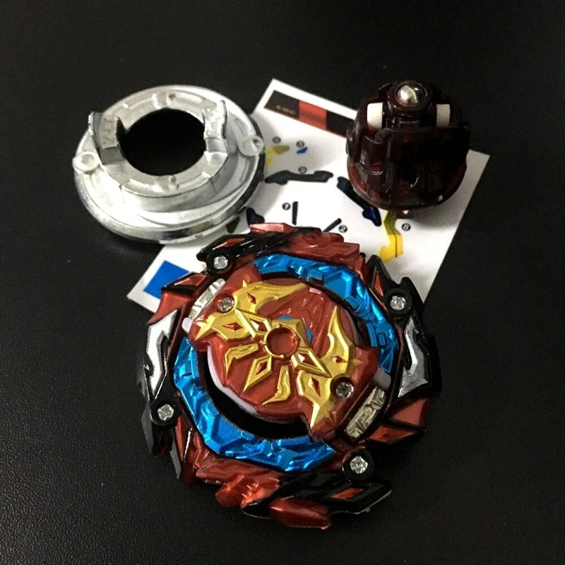 A metal battle spinning top with a dark red and blue design is shown next to some small components.