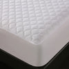 White quilted waterproof mattress protector with deep pockets shown on a black mattress.