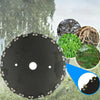 A close-up view of a black 9-inch alloy steel brush cutter blade with teeth and a central hole, set against a blurred outdoor