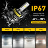 A pair of IP67 waterproof and dustproof LED fog light bulbs being tested in various weather conditions like snowy, rainy, fog