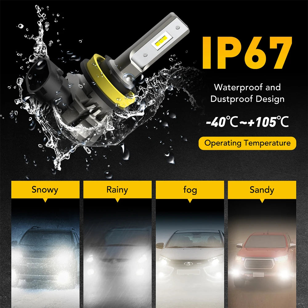 A pair of IP67 waterproof and dustproof LED fog light bulbs being tested in various weather conditions like snowy, rainy, fog
