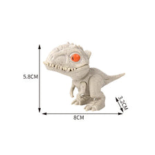 A light gray plastic dinosaur toy, resembling a Triceratops or Tyrannosaurus, shown with dimension lines.