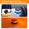 A close-up of a magnetic suction cup LED strobe light mounted on a car surface, showing its function and multiple flashing mo
