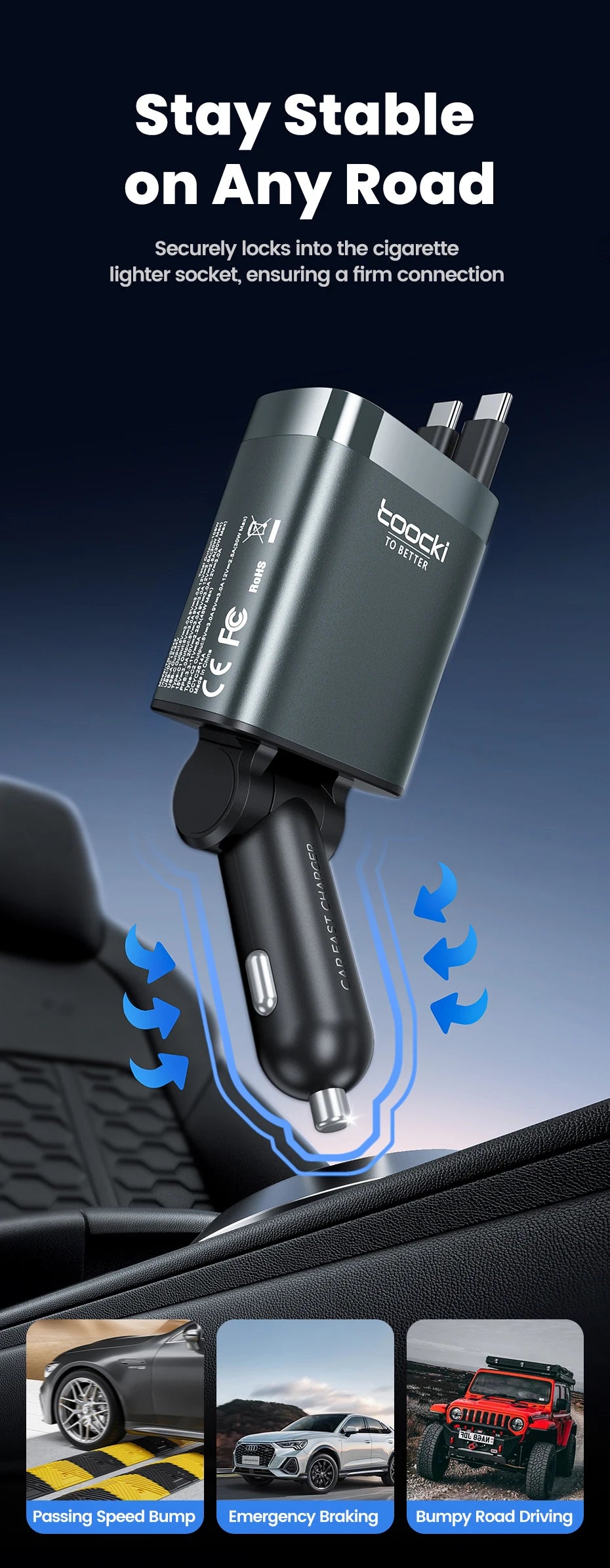 A close-up of a dark gray car charger securely plugged into a cigarette lighter socket, demonstrating a firm connection.