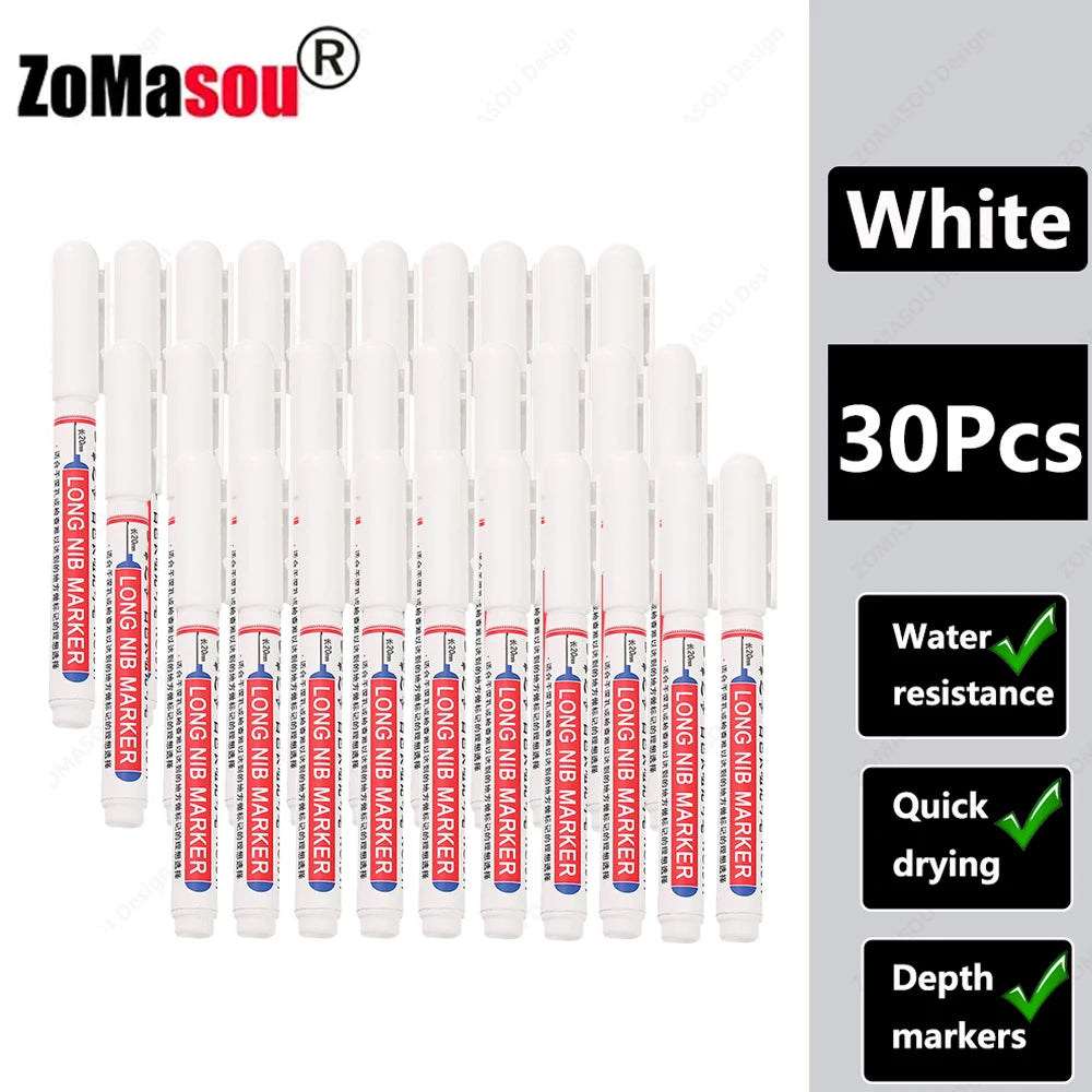 A set of 30 long, white, waterproof deep hole markers for woodworking and construction