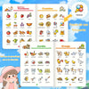 Buntes spanisches Lernbuch für Kinder mit Früchten, Gemüse, Gartenartikeln und Farmtieren.