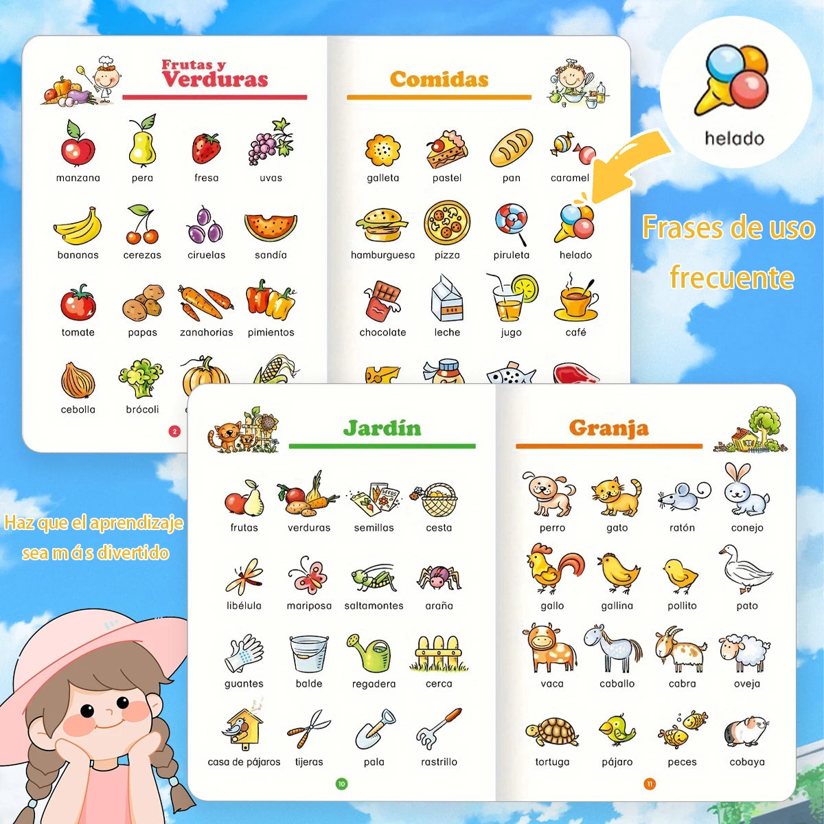 Buntes spanisches Lernbuch für Kinder mit Früchten, Gemüse, Gartenartikeln und Farmtieren.
