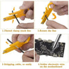 A four-step process showing how to use a soldering iron kit to strip wire and solder electronic components on a motherboard.
