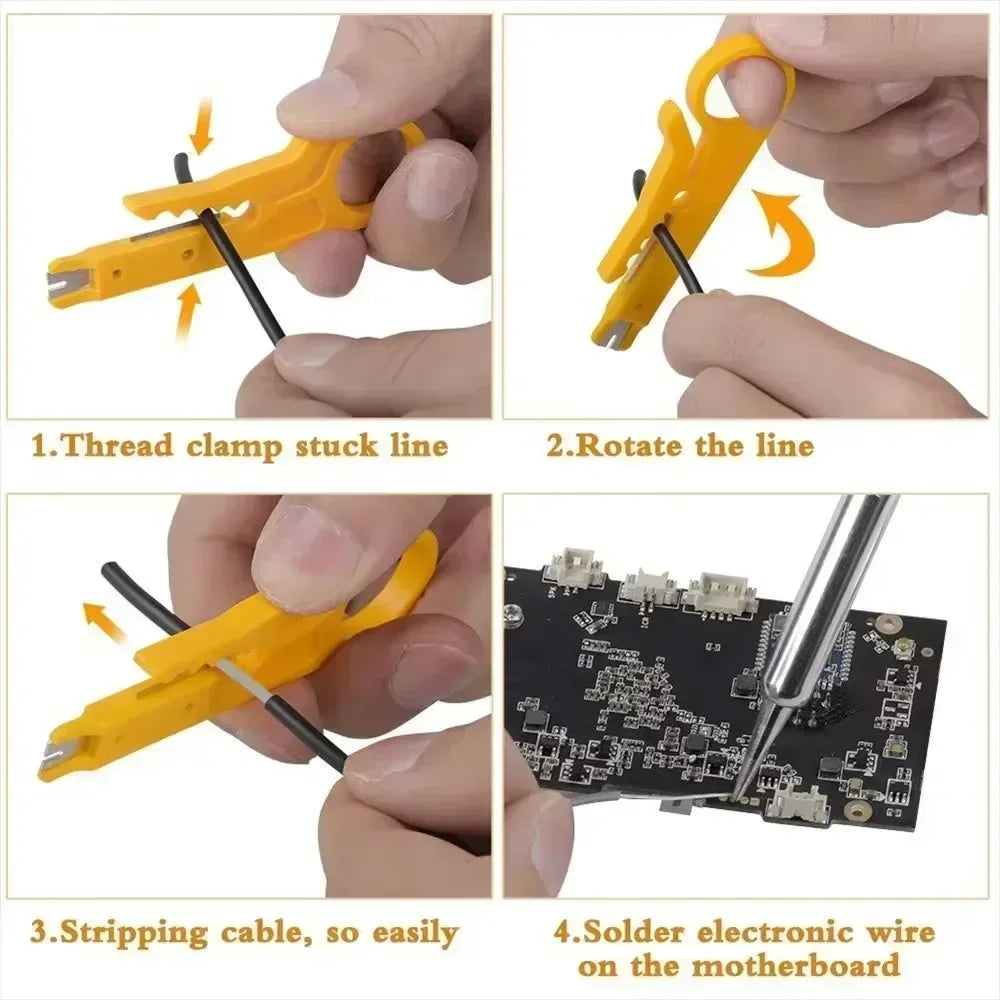 A four-step process showing how to use a soldering iron kit to strip wire and solder electronic components on a motherboard.