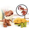 A brown mini finger dinosaur toy figurine with an open mouth and a yellow-green textured dinosaur figure.