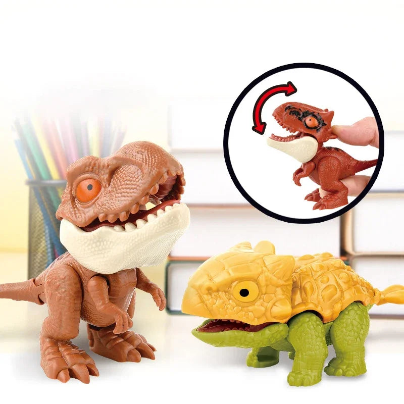A brown mini finger dinosaur toy figurine with an open mouth and a yellow-green textured dinosaur figure.