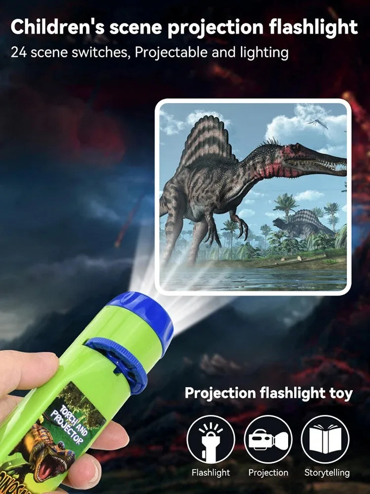 A hand holds a green projection flashlight toy showing a dinosaur silhouette projected onto a background.