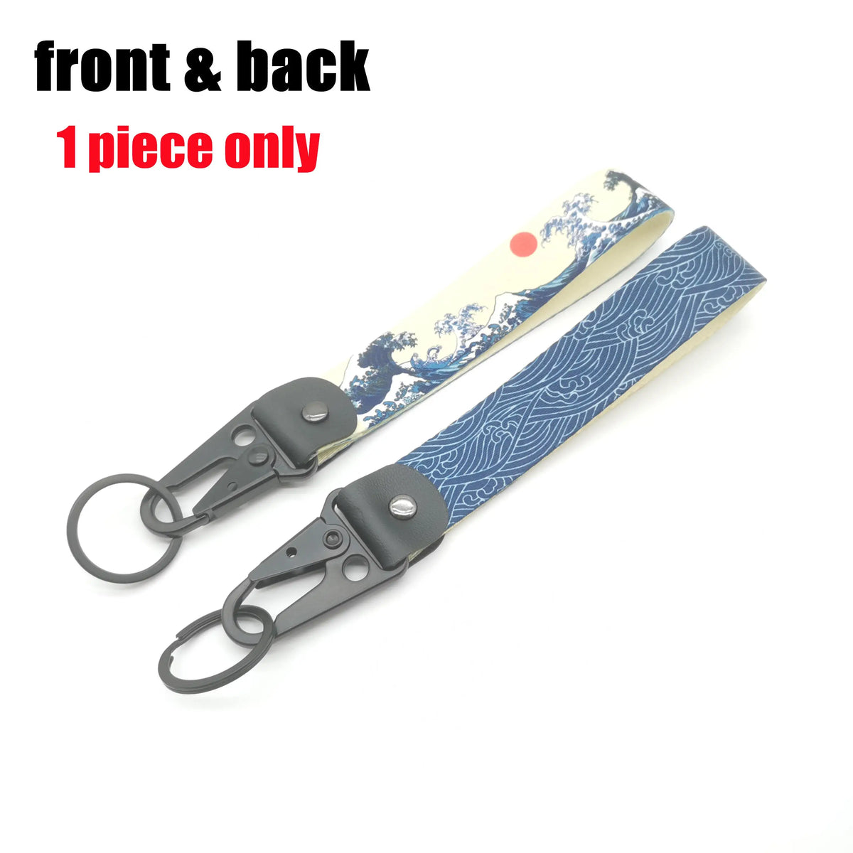A single piece of Hokkaido Wave JDM keychain featuring a Kanagawa surf design on a light blue background.