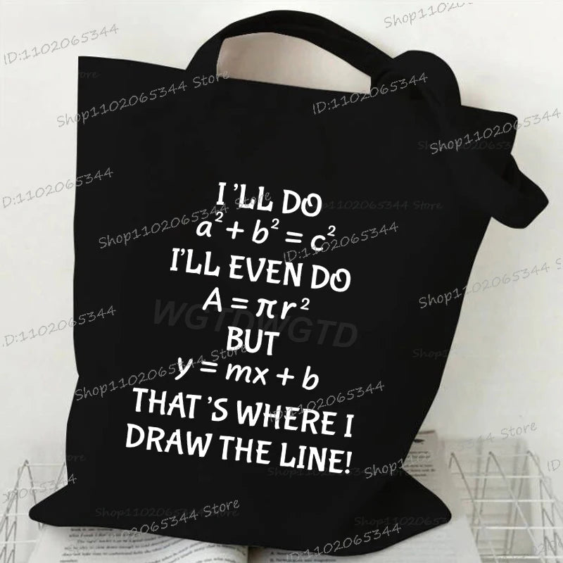 Black canvas tote bag with a mathematical equation written on it