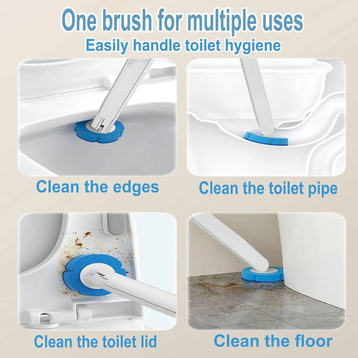 A disposable toilet brush set with a wall-mount holder and refill pads used for cleaning the toilet, edges, pipe, lid, and fl