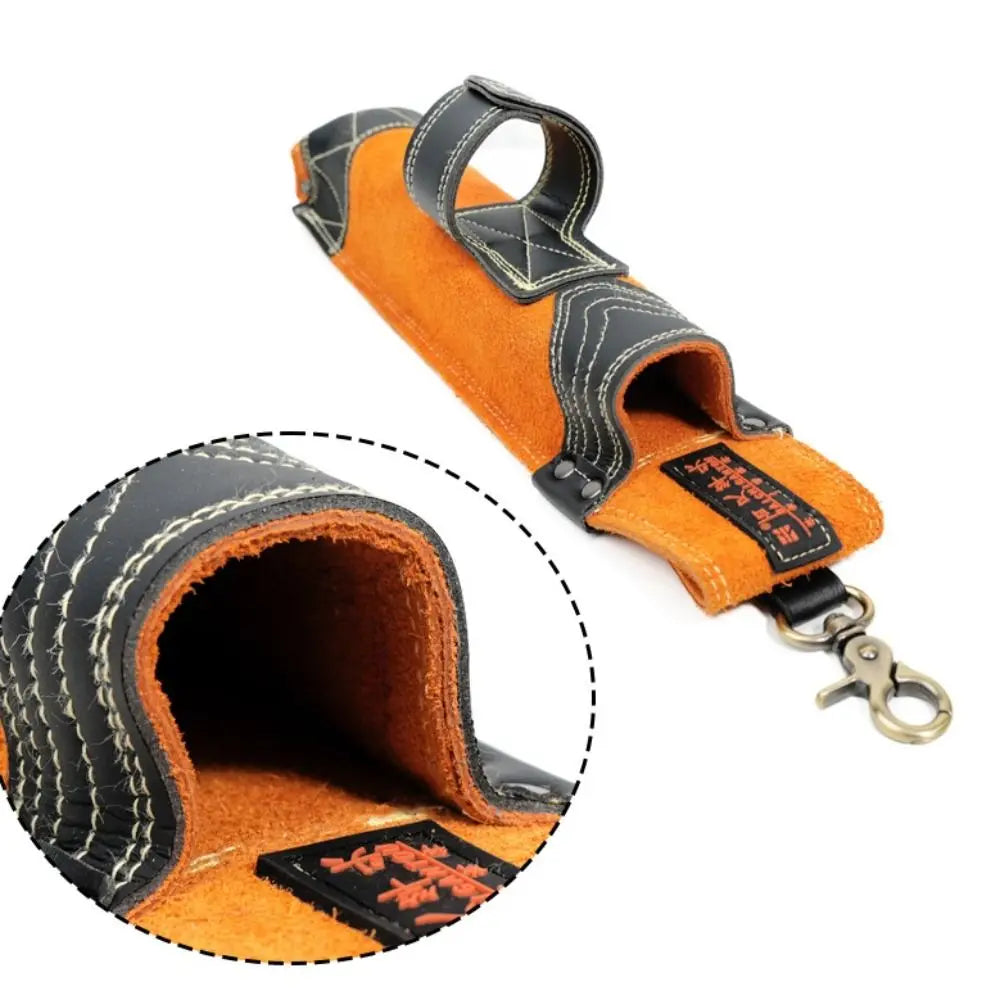 Orange and black heavy-duty cowhide welding rod storage bag with a hanging hook.