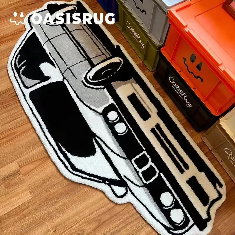 A black and white cartoon print plush carpet featuring a stylized gun design.