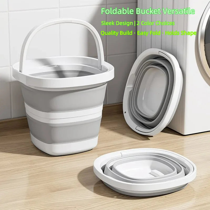 A white foldable bucket with a carry handle is shown next to its disassembled parts on a wooden surface.
