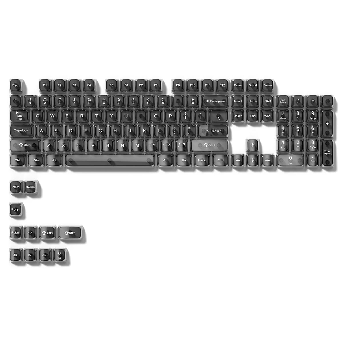 A full set of 115-key crystal clear RGB backlit keycaps with an MDA profile.