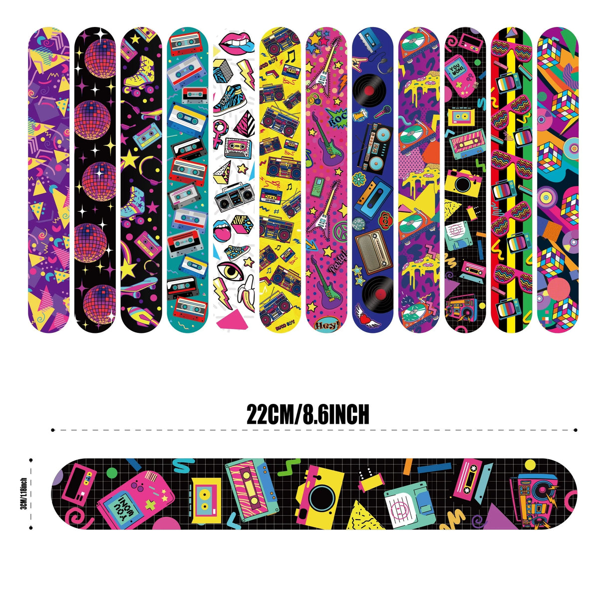 A display of twelve colorful slap bracelets featuring retro 80s and 90s themes and designs.