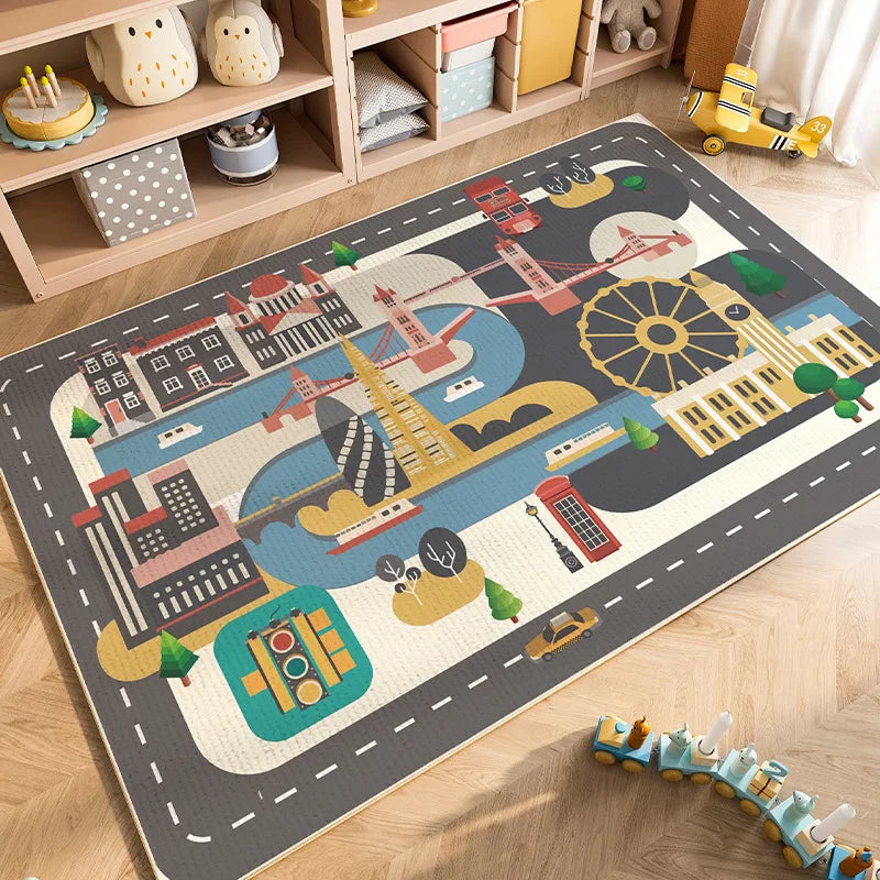 A colorful play mat featuring cartoon cars and traffic scenes for kids in a nursery or playroom.